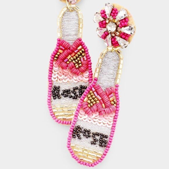 Rose Wine Bottle Felt Back Multi Seed Bead Earring - Picture 2 of 5